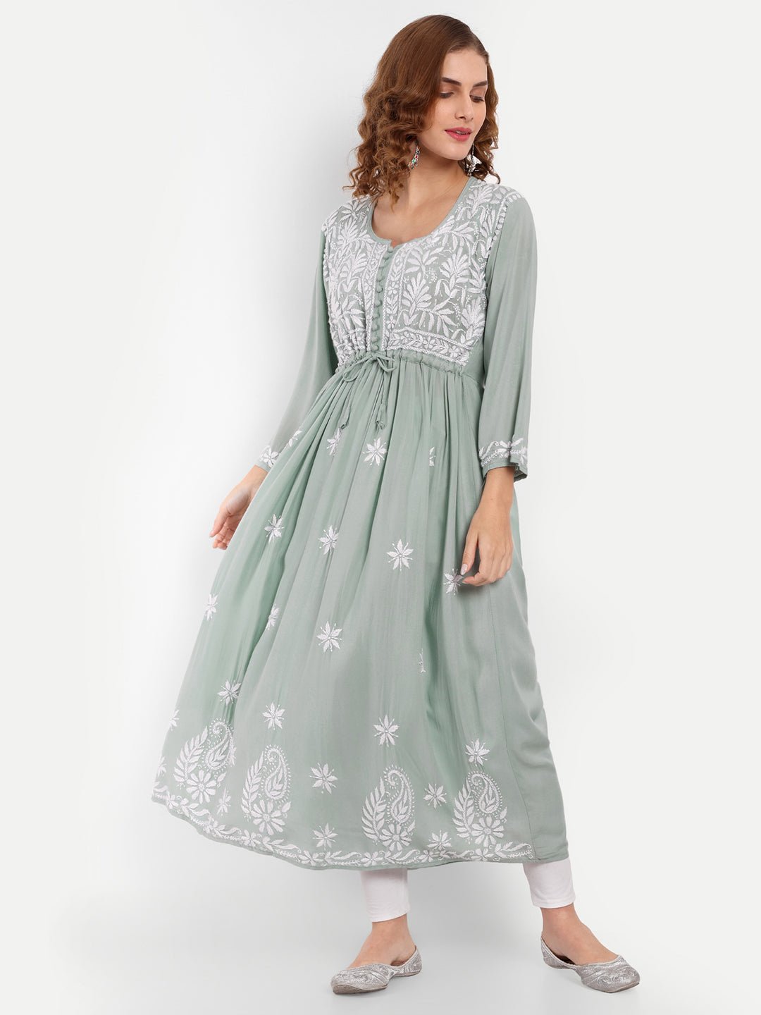 Chikankari Hand Embroidered Fit and Flare Kurta Modal Cotton - Indiankala4u