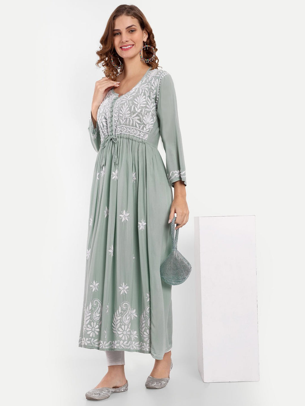 Chikankari Hand Embroidered Fit and Flare Kurta Modal Cotton - Indiankala4u