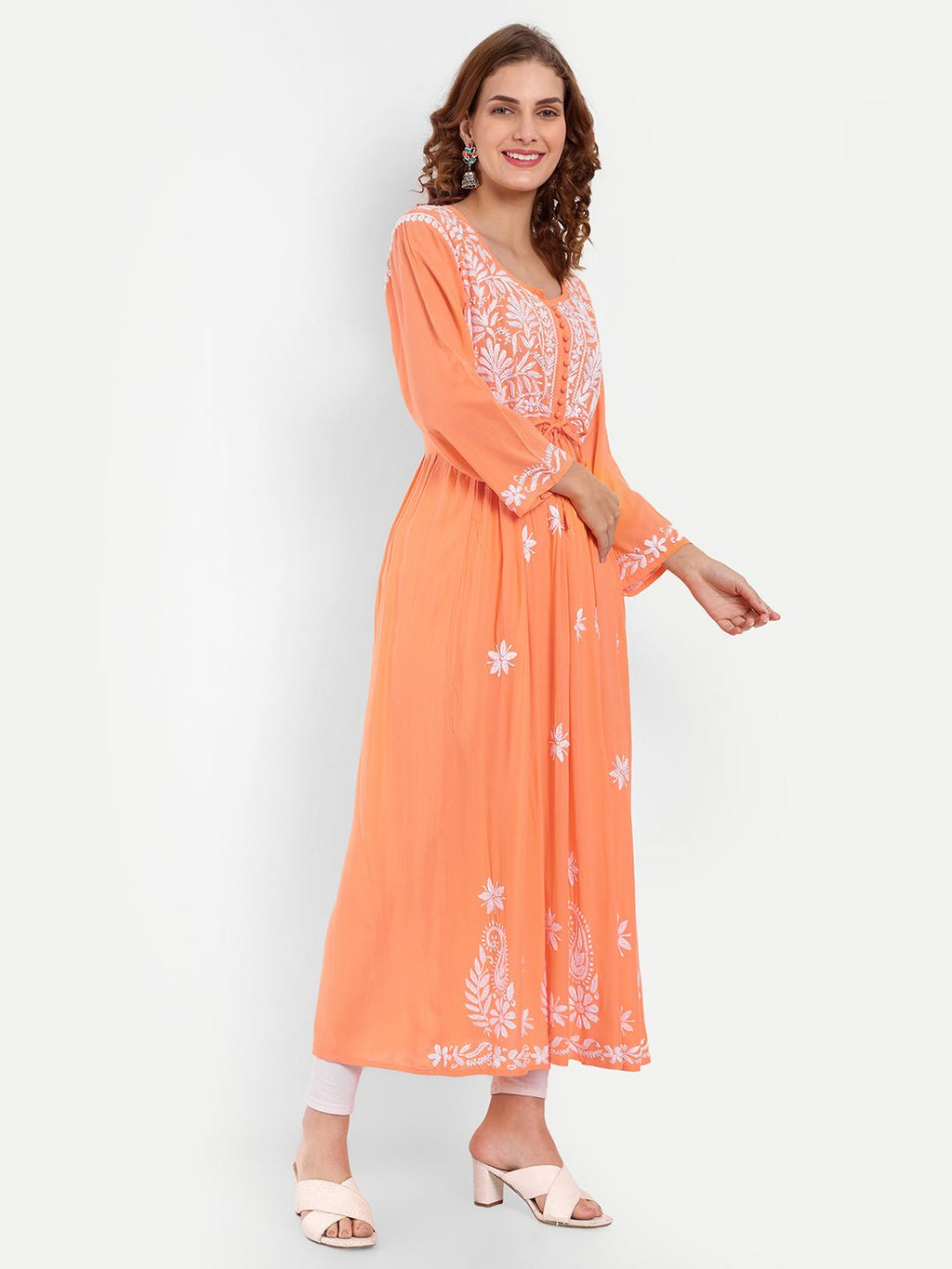 Chikankari Hand Embroidered Fit and Flare Kurta Modal Cotton - Indiankala4u