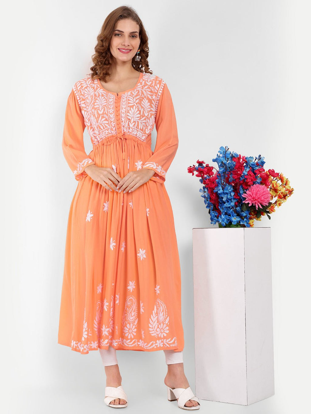 Chikankari Hand Embroidered Fit and Flare Kurta Modal Cotton - Indiankala4u