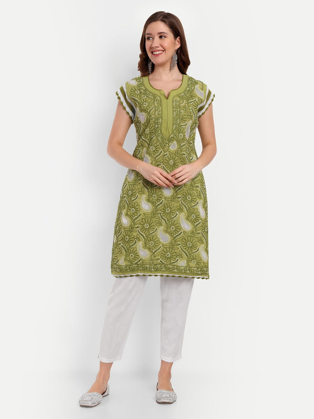 Chikankari Hand Embroidered Kurta with Crochet Sleeves Cotton - Indiankala4u