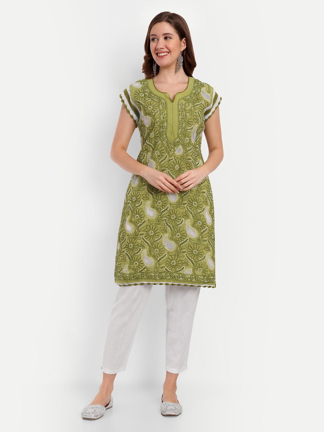 Chikankari Hand Embroidered Kurta with Crochet Sleeves Cotton - Indiankala4u