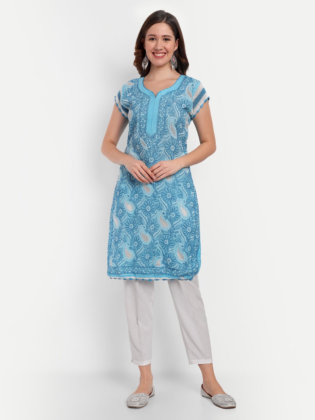 Chikankari Hand Embroidered Kurta with Crochet Sleeves Cotton - Indiankala4u
