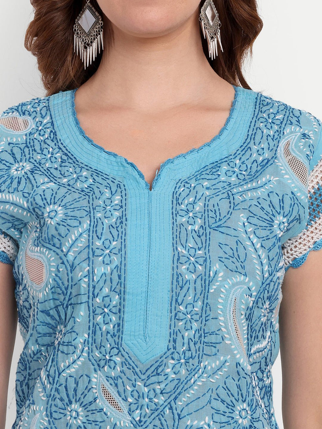 Chikankari Hand Embroidered Kurta with Crochet Sleeves Cotton - Indiankala4u