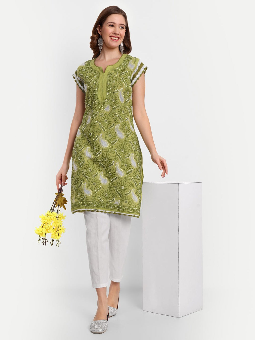 Chikankari Hand Embroidered Kurta with Crochet Sleeves Cotton - Indiankala4u