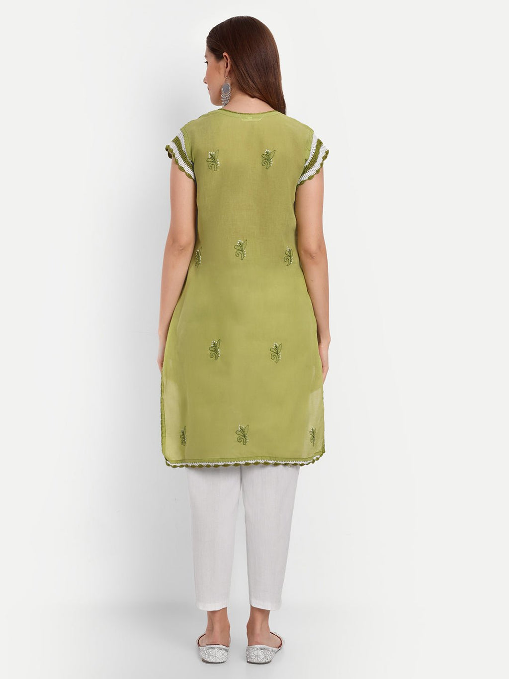 Chikankari Hand Embroidered Kurta with Crochet Sleeves Cotton - Indiankala4u