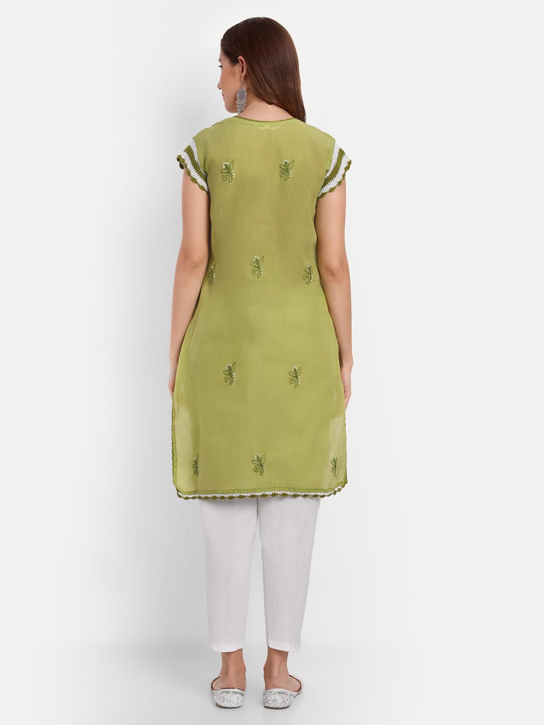 Chikankari Hand Embroidered Kurta with Crochet Sleeves Cotton - Indiankala4u