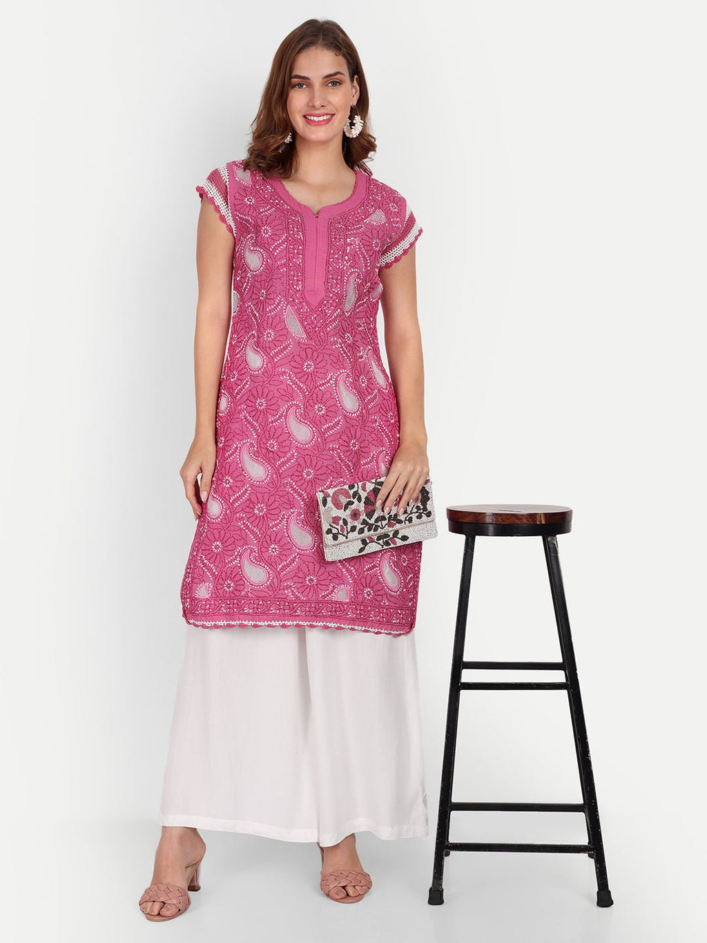 Chikankari Hand Embroidered Kurta with Crochet Sleeves Cotton - Indiankala4u