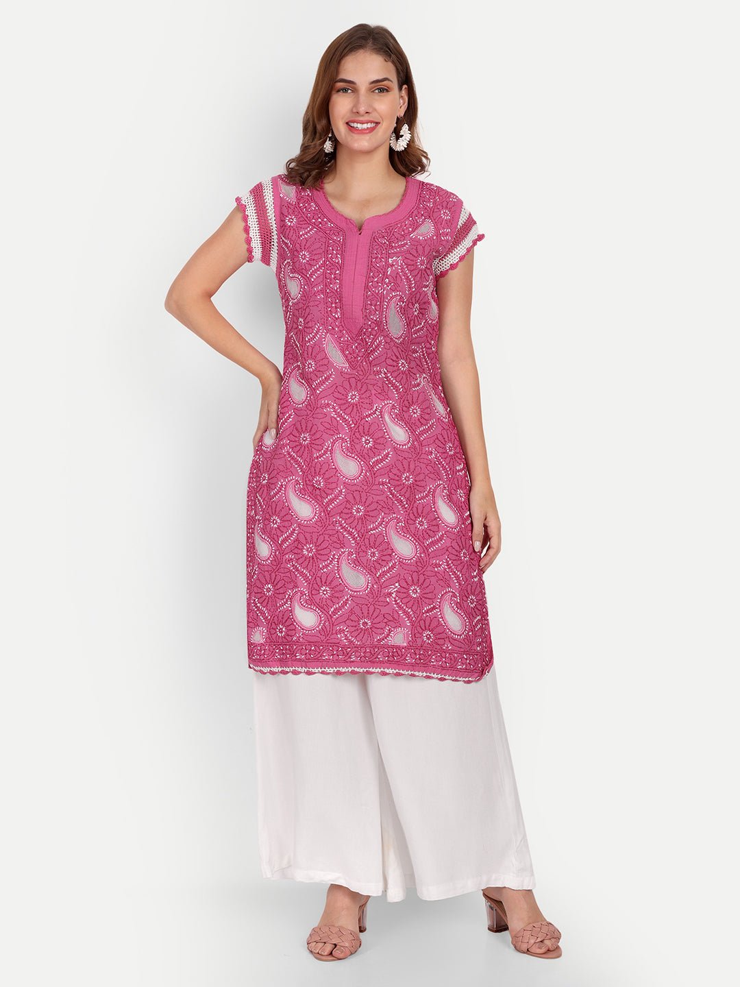 Chikankari Hand Embroidered Kurta with Crochet Sleeves Cotton - Indiankala4u