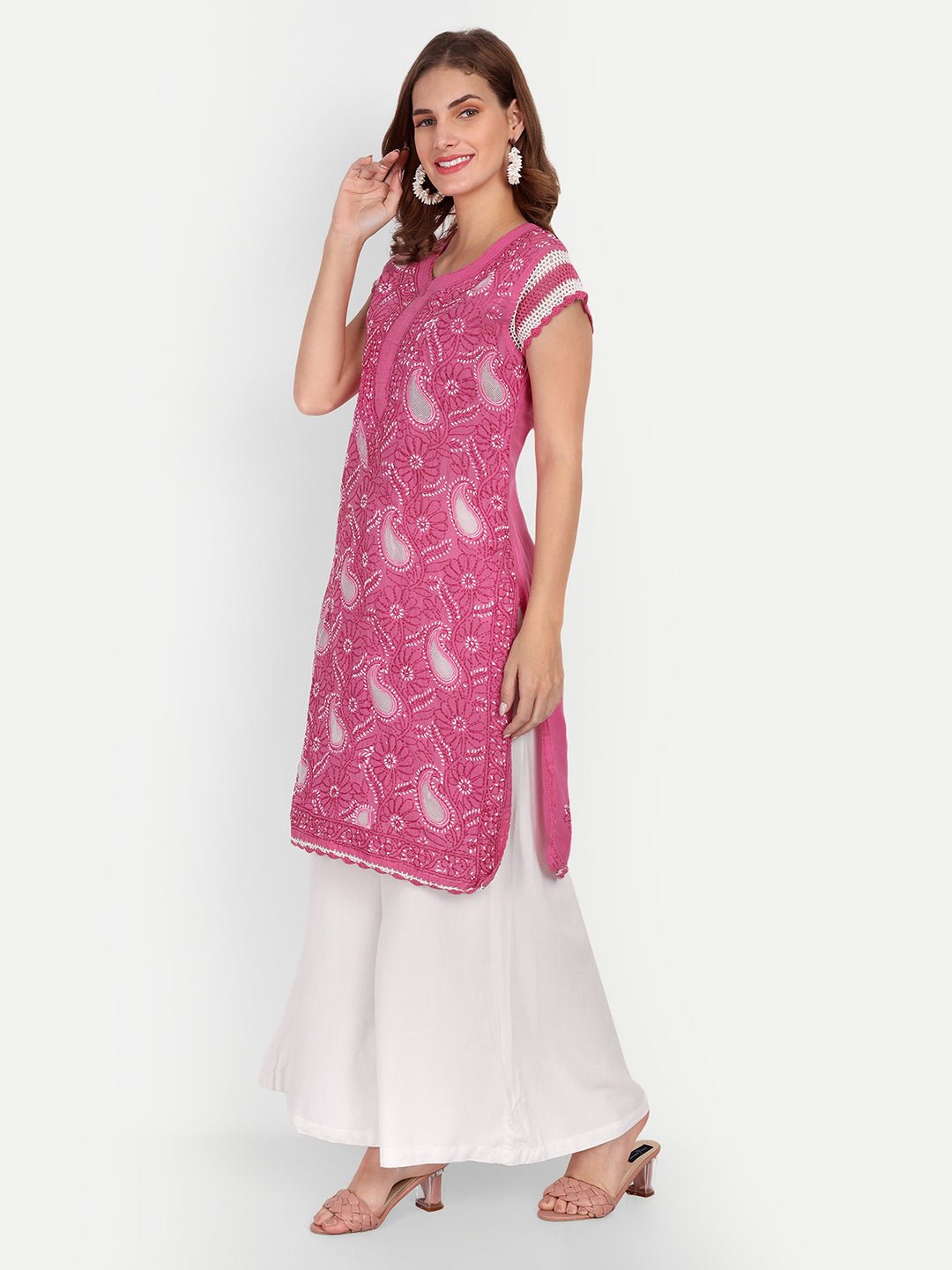 Chikankari Hand Embroidered Kurta with Crochet Sleeves Cotton - Indiankala4u