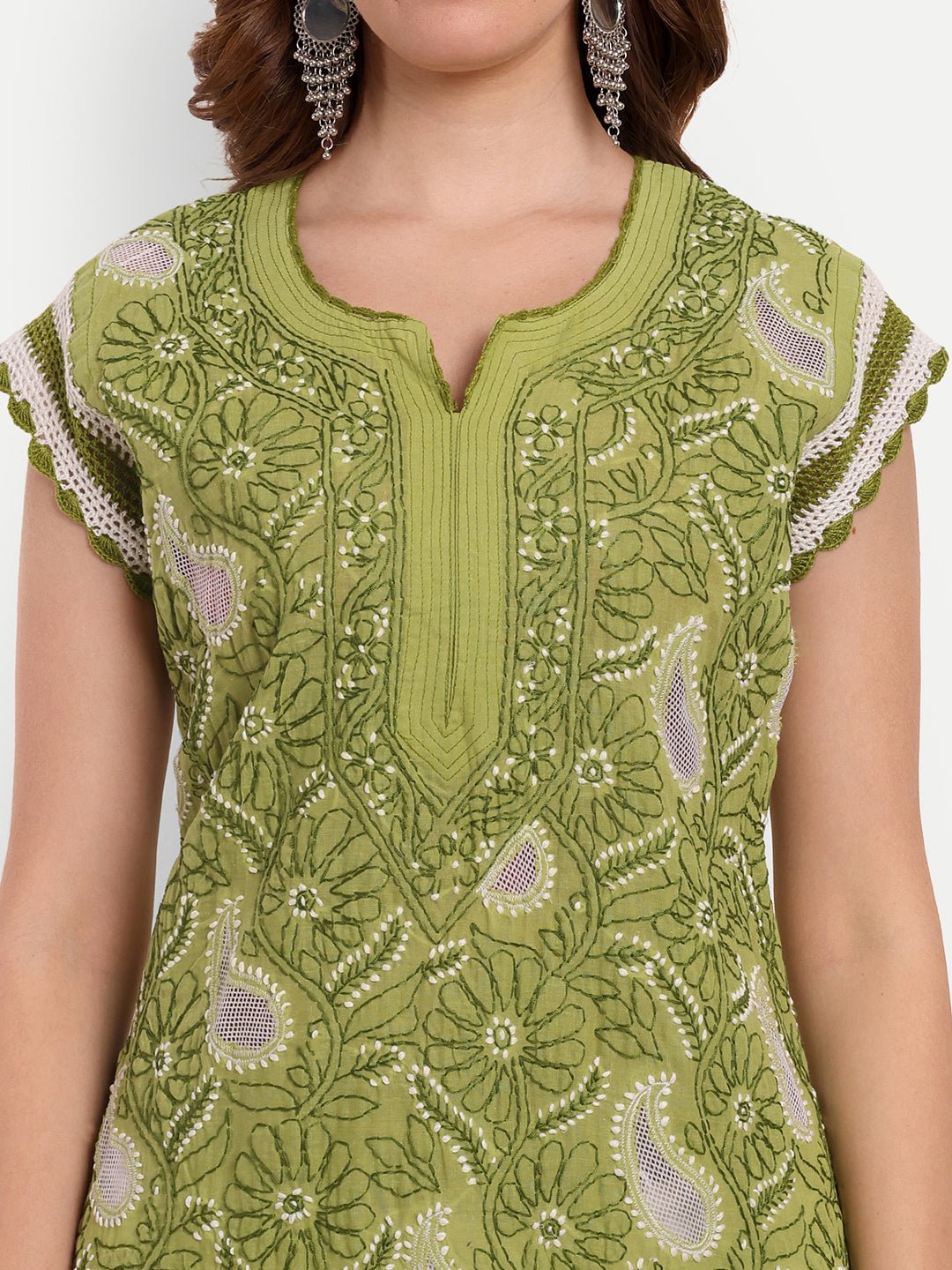 Chikankari Hand Embroidered Kurta with Crochet Sleeves Cotton - Indiankala4u
