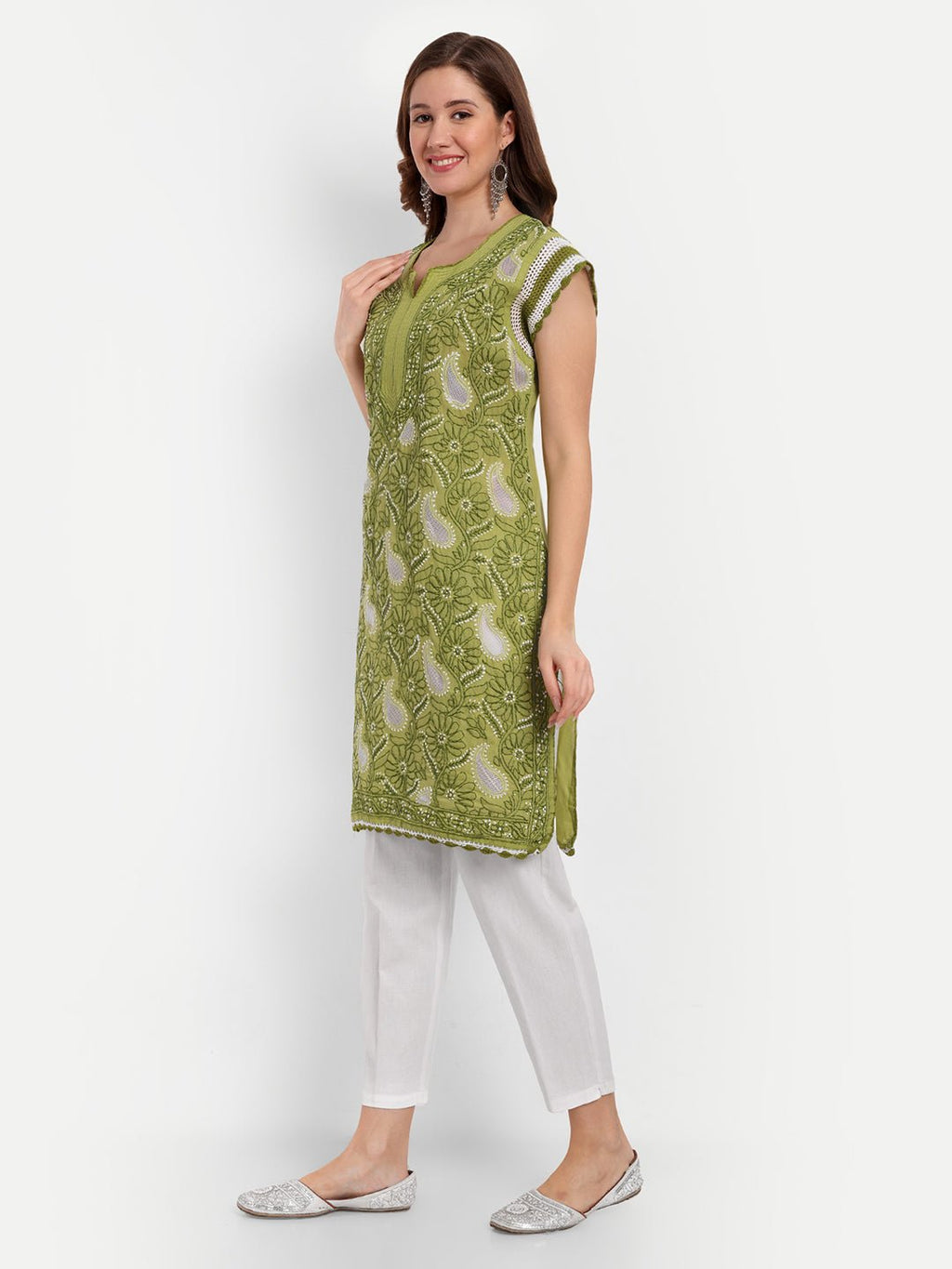 Chikankari Hand Embroidered Kurta with Crochet Sleeves Cotton - Indiankala4u