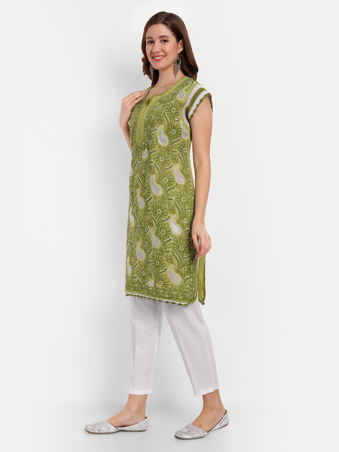 Chikankari Hand Embroidered Kurta with Crochet Sleeves Cotton - Indiankala4u