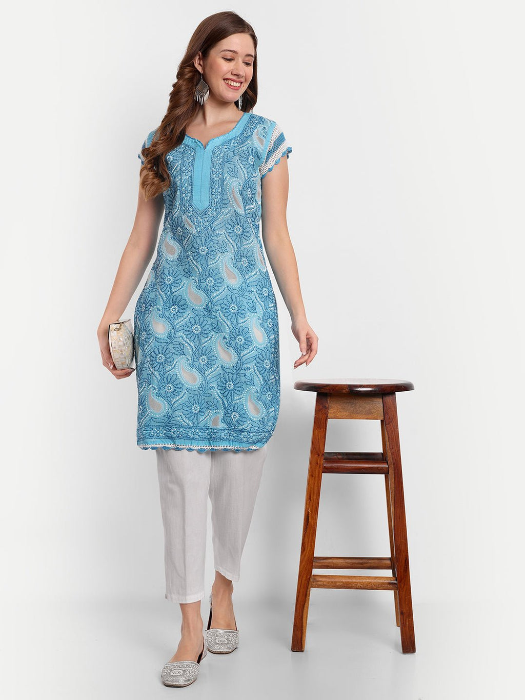 Chikankari Hand Embroidered Kurta with Crochet Sleeves Cotton - Indiankala4u