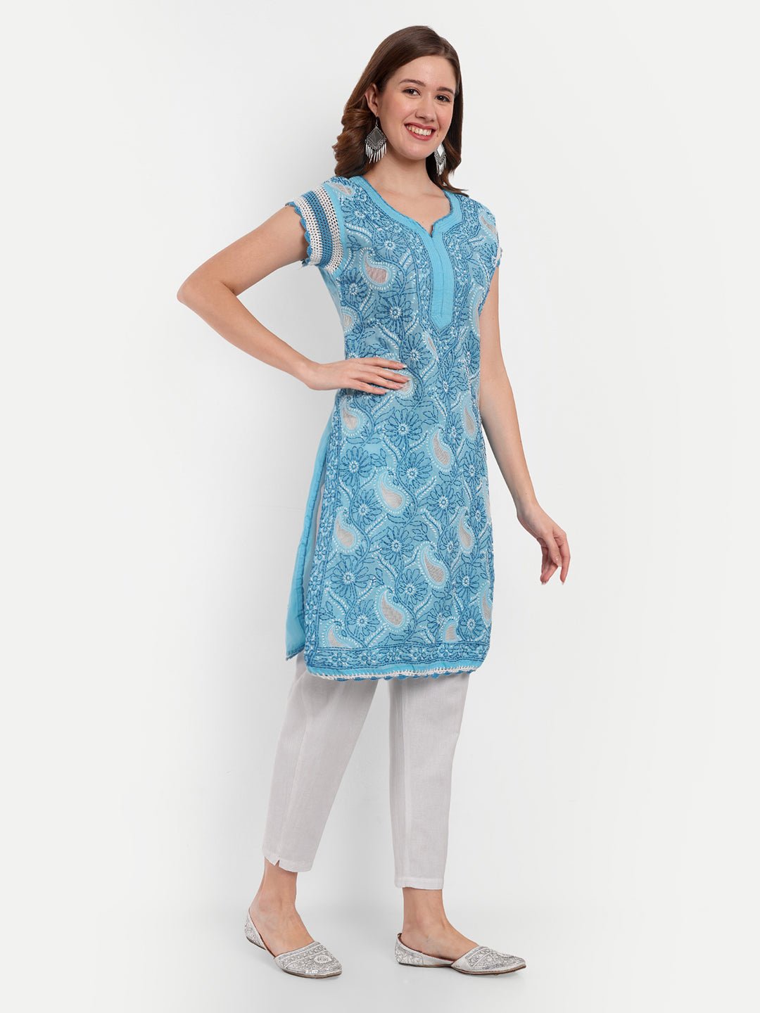Chikankari Hand Embroidered Kurta with Crochet Sleeves Cotton - Indiankala4u