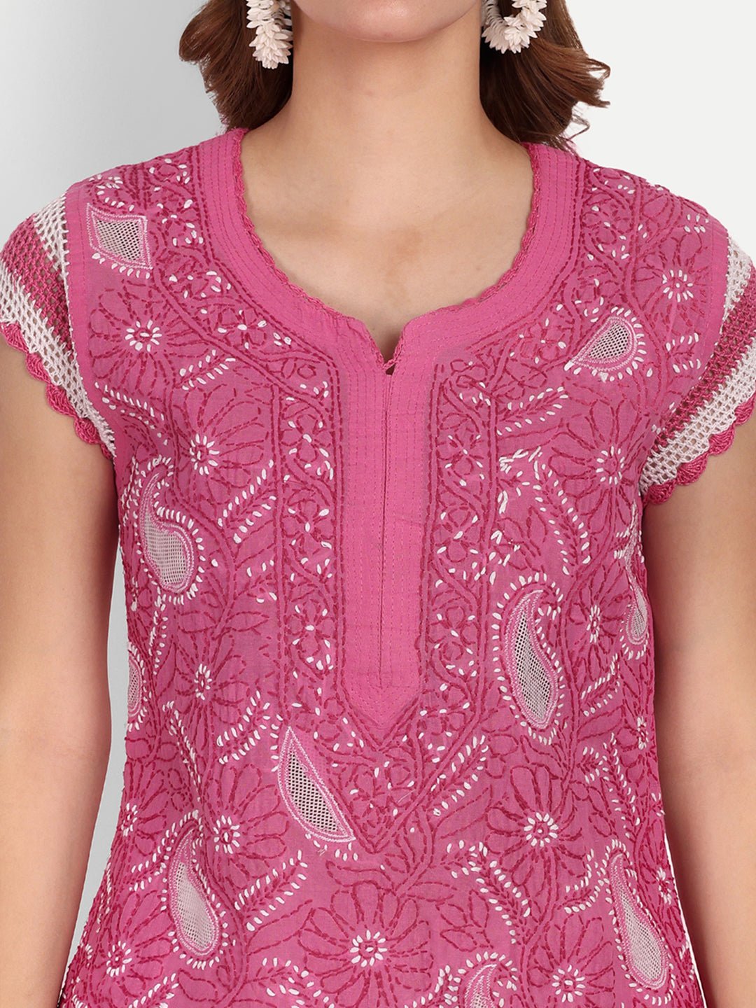 Chikankari Hand Embroidered Kurta with Crochet Sleeves Cotton - Indiankala4u