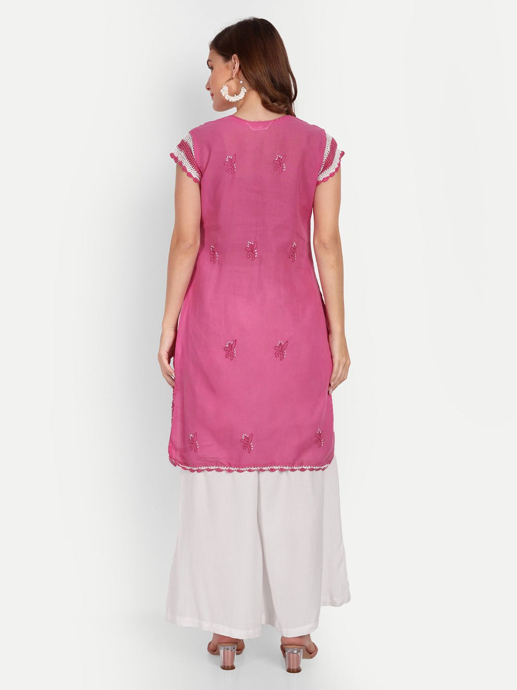 Chikankari Hand Embroidered Kurta with Crochet Sleeves Cotton - Indiankala4u