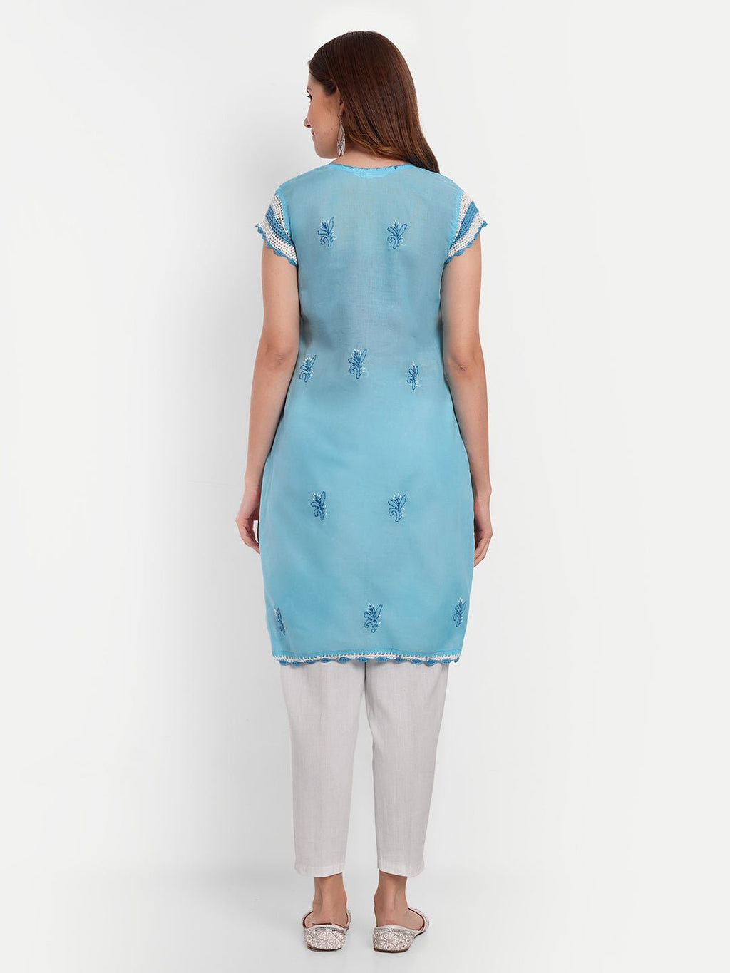 Chikankari Hand Embroidered Kurta with Crochet Sleeves Cotton - Indiankala4u