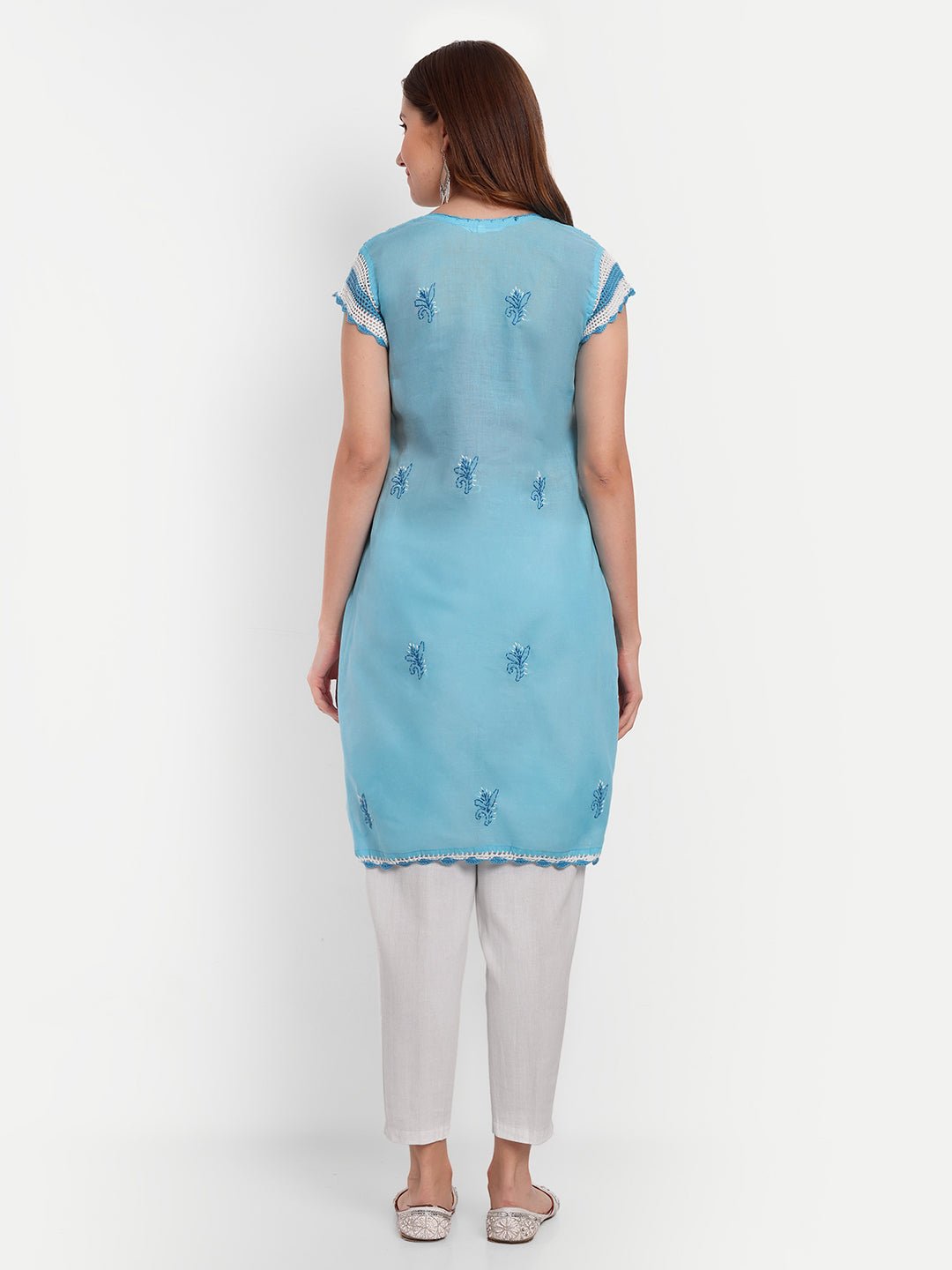 Chikankari Hand Embroidered Kurta with Crochet Sleeves Cotton - Indiankala4u