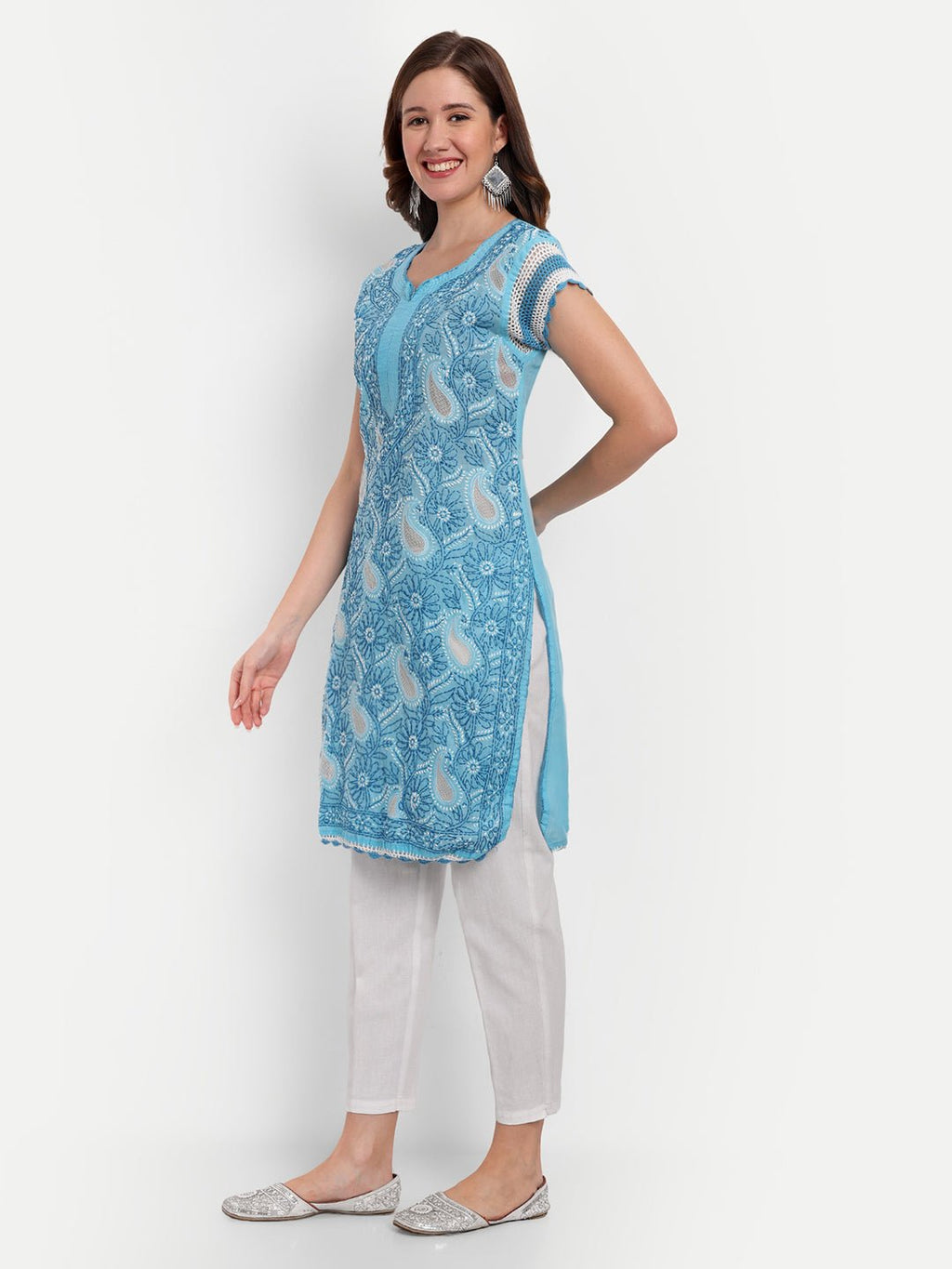 Chikankari Hand Embroidered Kurta with Crochet Sleeves Cotton - Indiankala4u