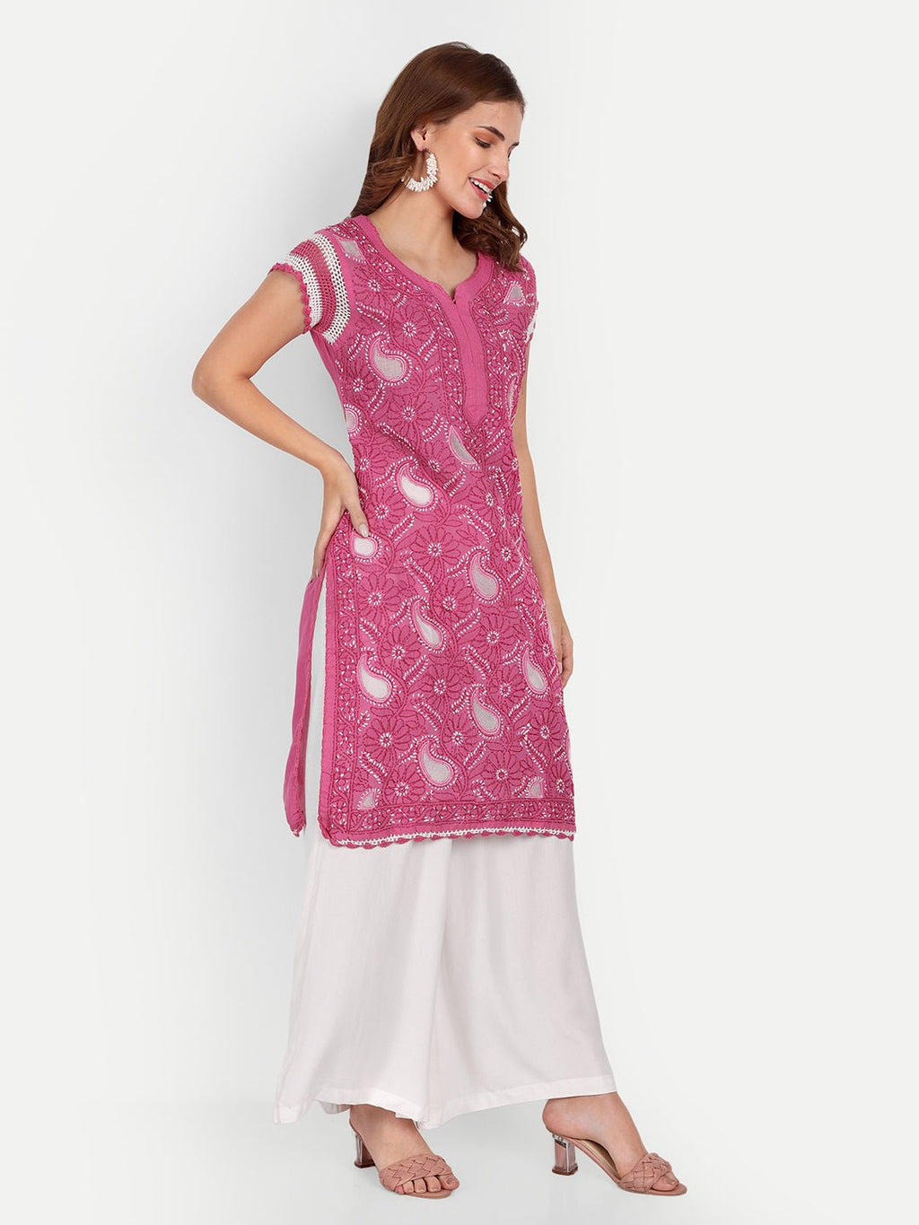 Chikankari Hand Embroidered Kurta with Crochet Sleeves Cotton - Indiankala4u