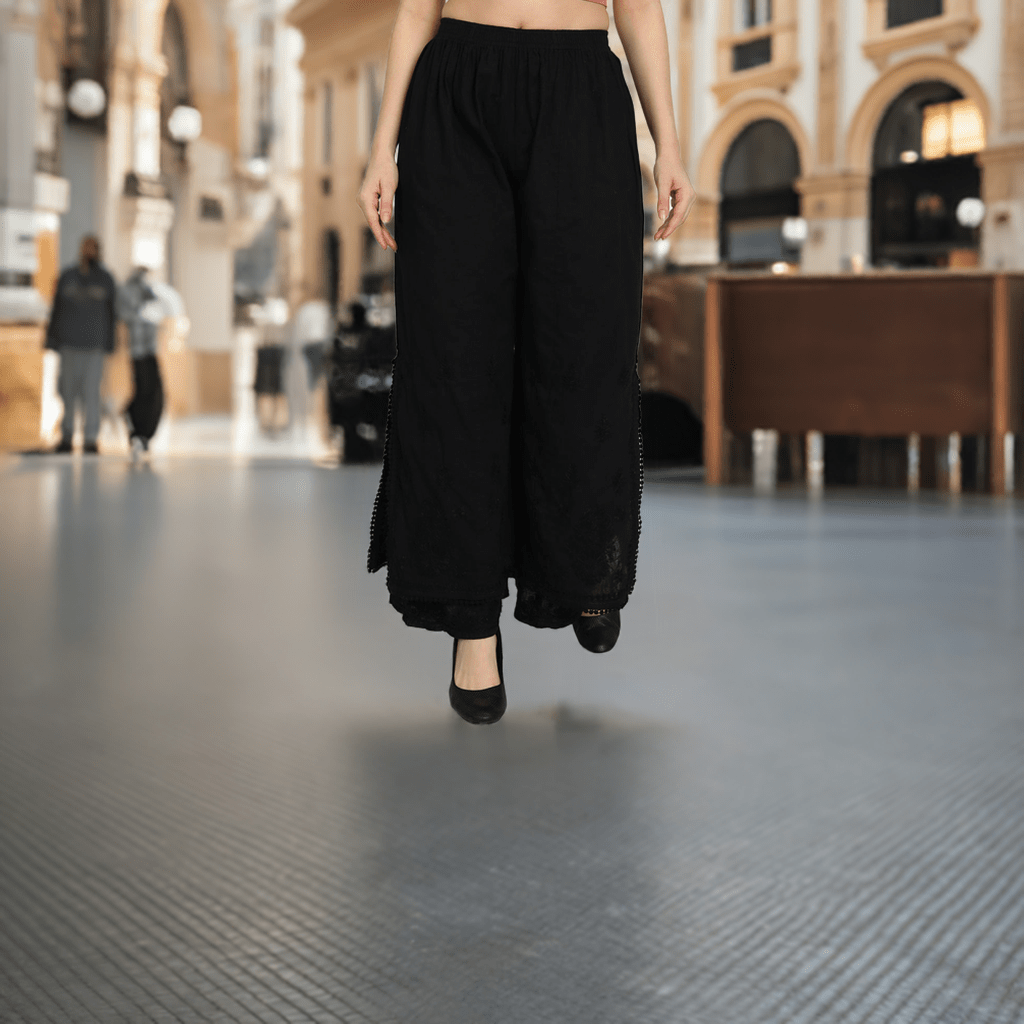 Chikankari Hand Embroidered Layered Palazzo Cotton Black - Indiankala4u