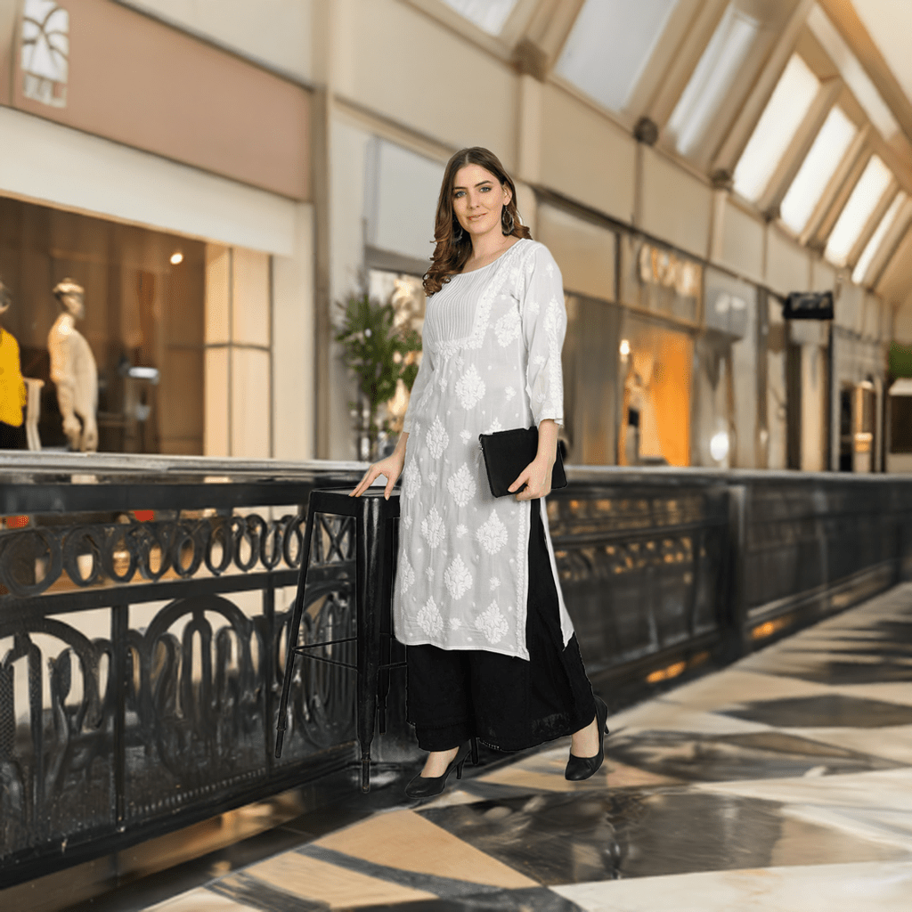Chikankari Hand Embroidered Layered Palazzo Cotton Black - Indiankala4u