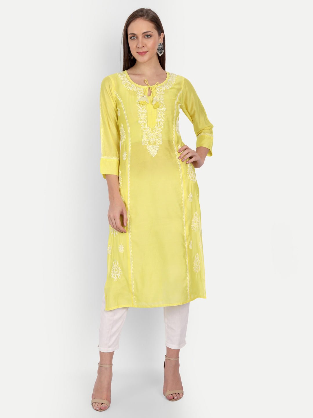 Chikankari Hand Embroidered Long Kurta Chanderi Silk - Indiankala4u