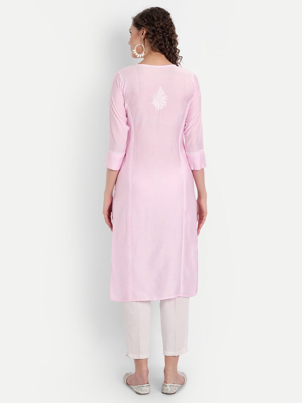Chikankari Hand Embroidered Long Kurta Chanderi Silk - Indiankala4u