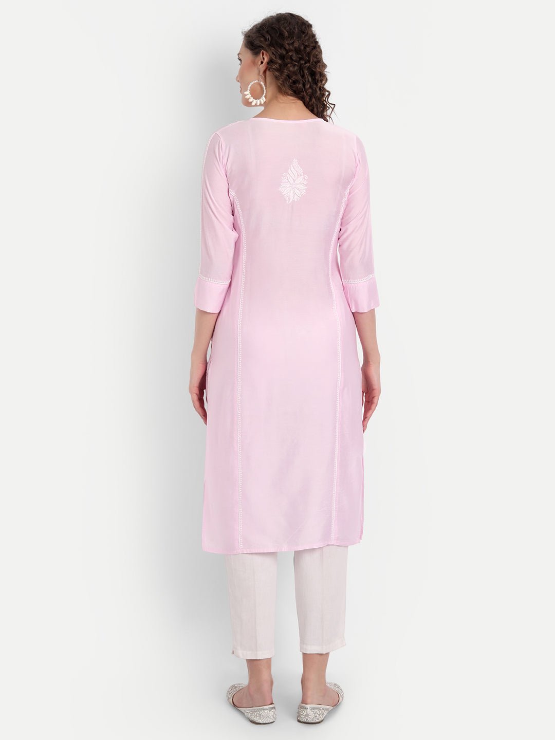 Chikankari Hand Embroidered Long Kurta Chanderi Silk - Indiankala4u