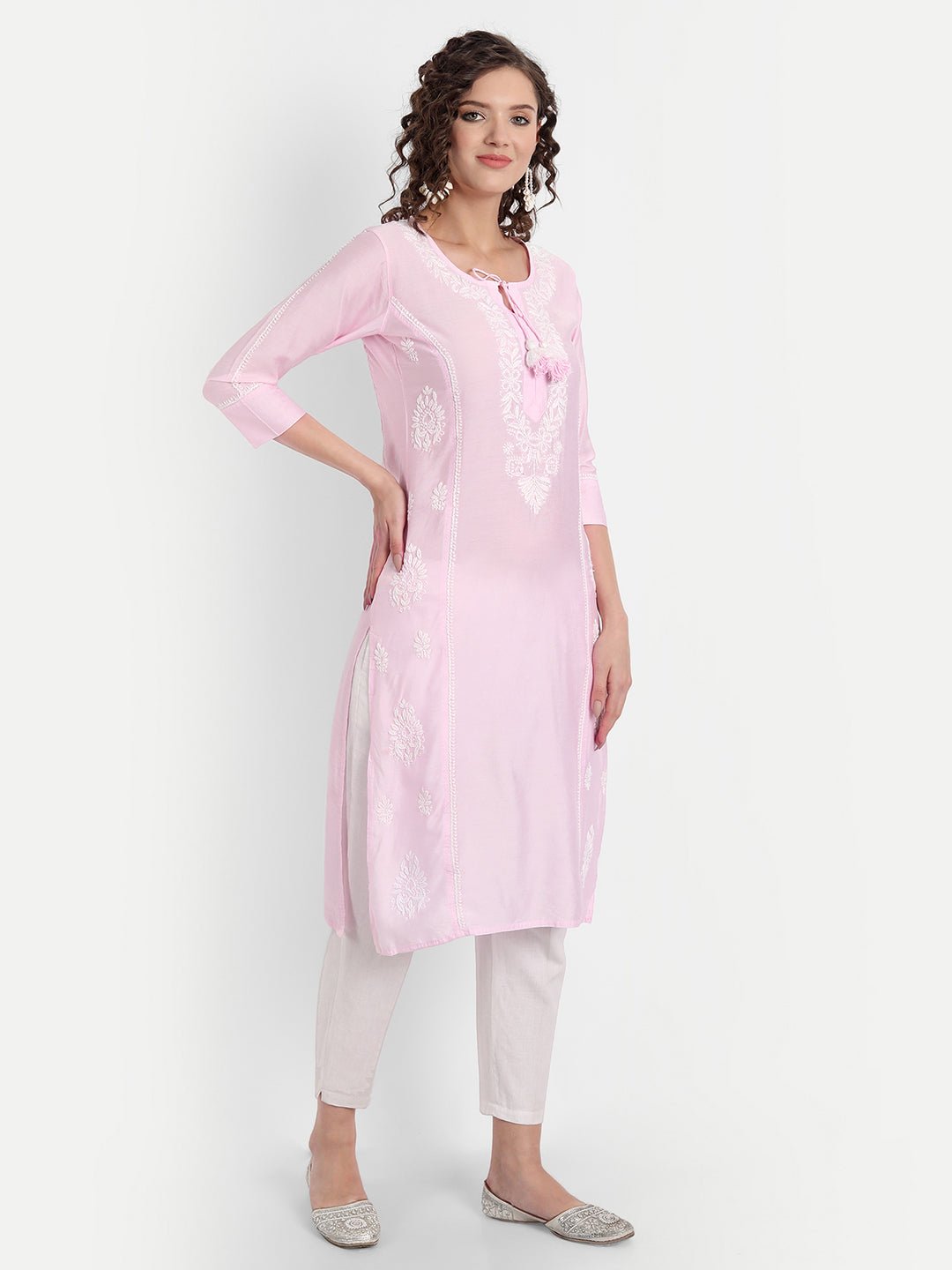 Chikankari Hand Embroidered Long Kurta Chanderi Silk - Indiankala4u