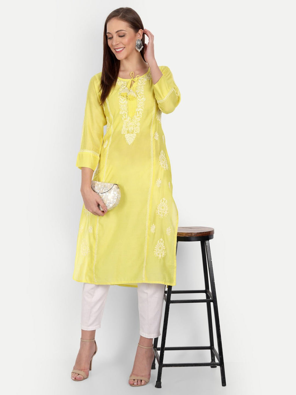 Chikankari Hand Embroidered Long Kurta Chanderi Silk - Indiankala4u