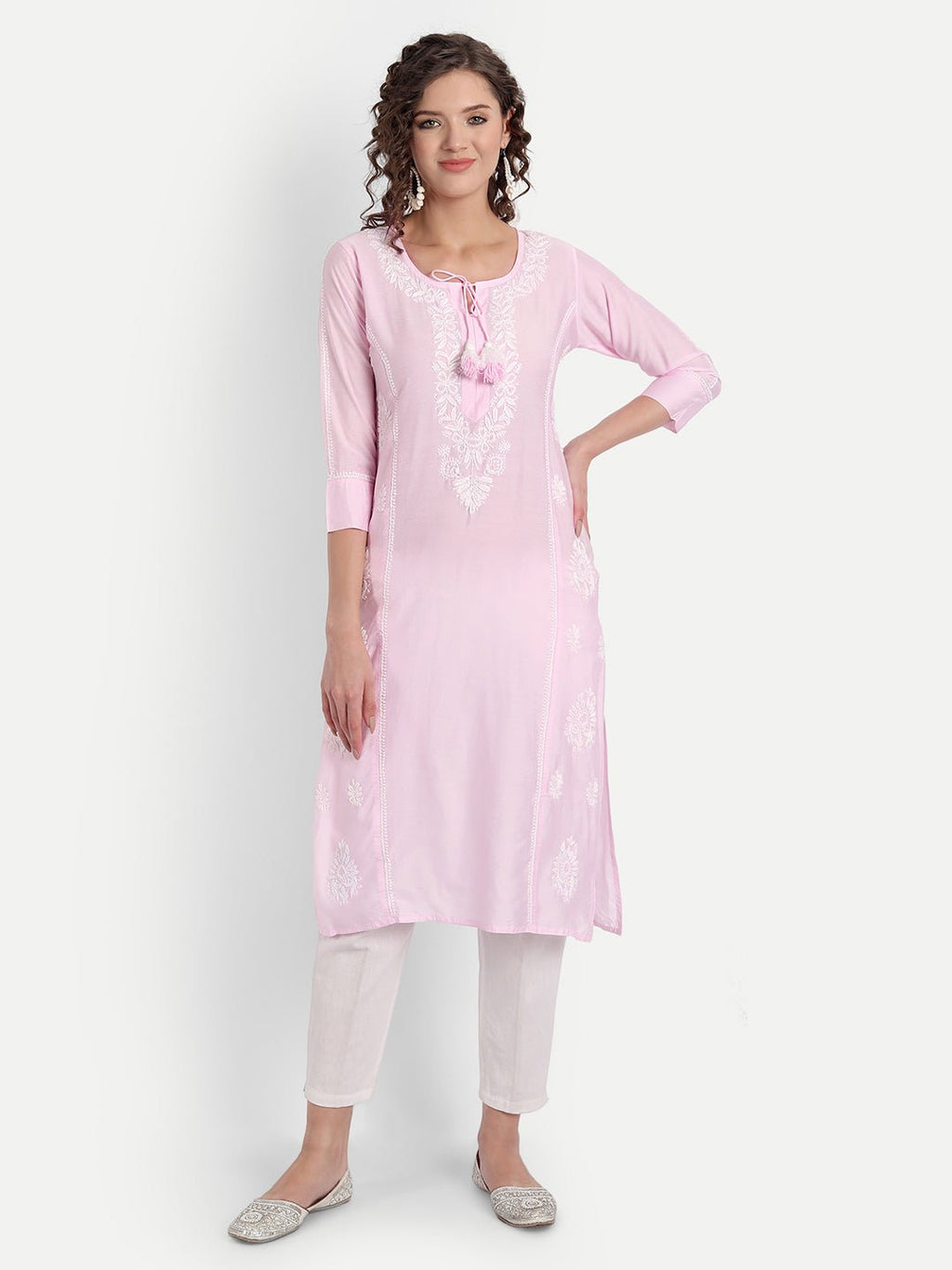 Chikankari Hand Embroidered Long Kurta Chanderi Silk - Indiankala4u