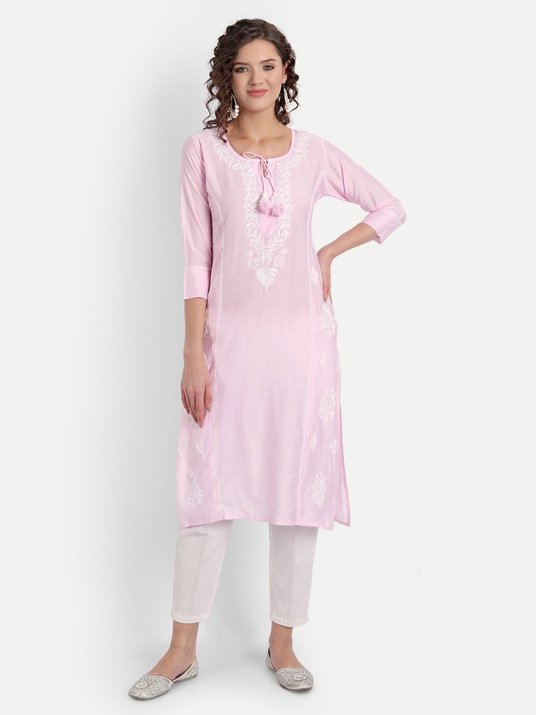 Chikankari Hand Embroidered Long Kurta Chanderi Silk - Indiankala4u