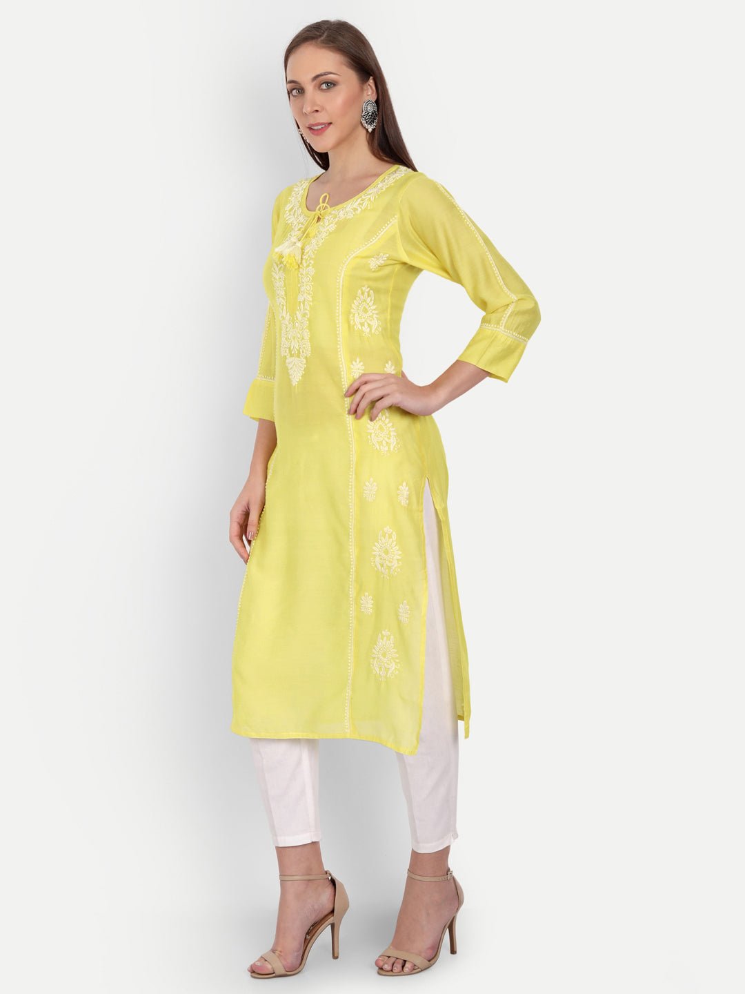 Chikankari Hand Embroidered Long Kurta Chanderi Silk - Indiankala4u