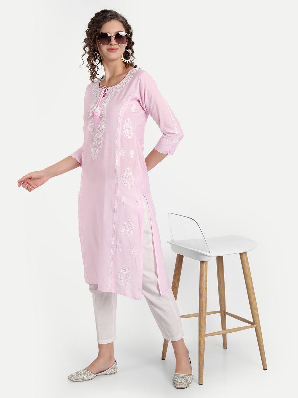 Chikankari Hand Embroidered Long Kurta Chanderi Silk - Indiankala4u