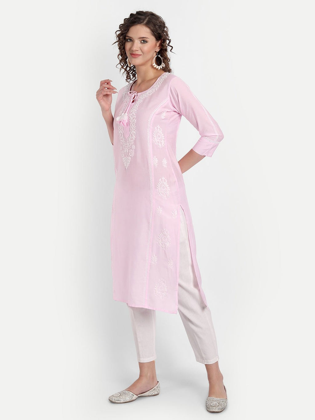 Chikankari Hand Embroidered Long Kurta Chanderi Silk - Indiankala4u