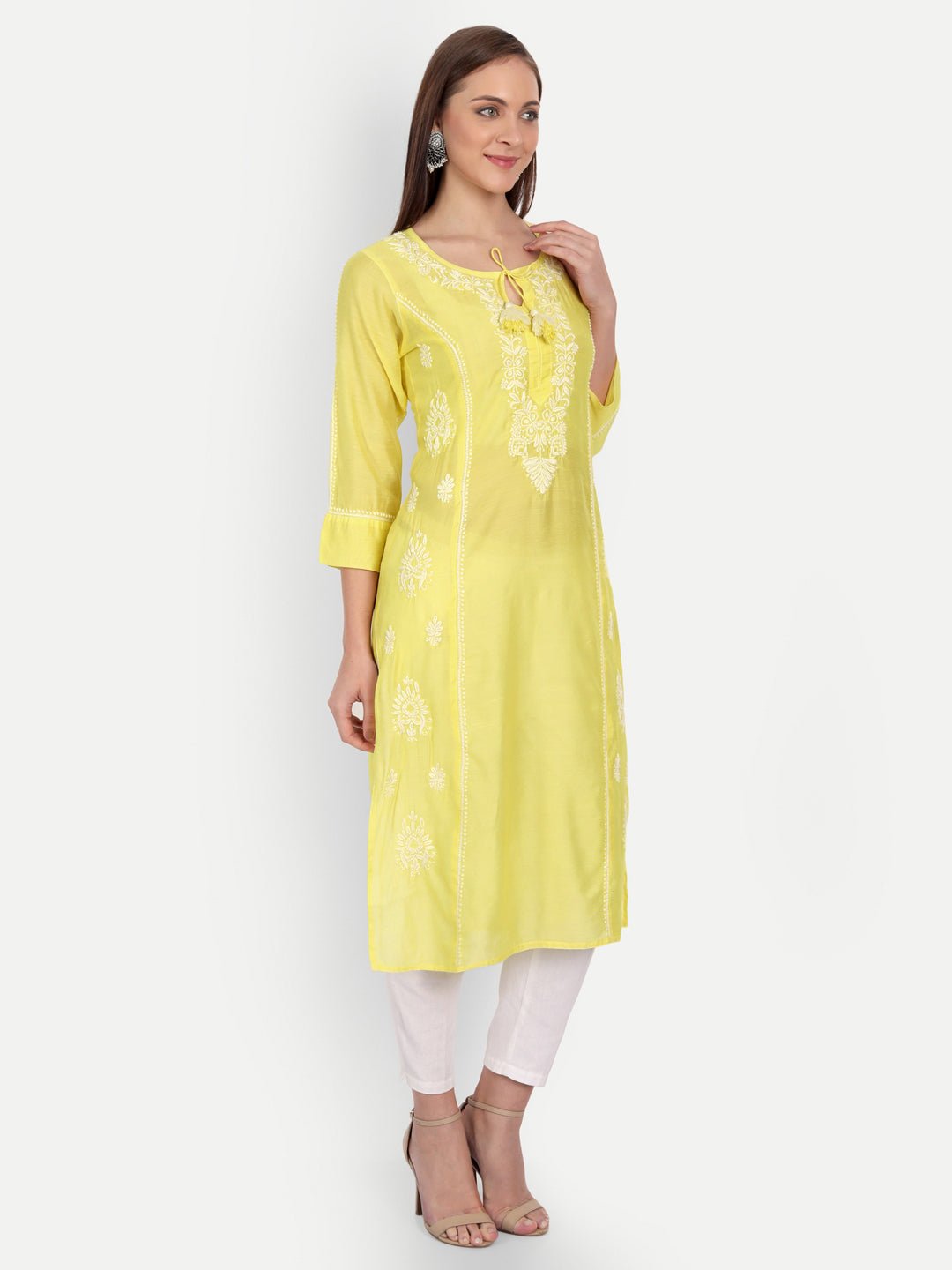Chikankari Hand Embroidered Long Kurta Chanderi Silk - Indiankala4u