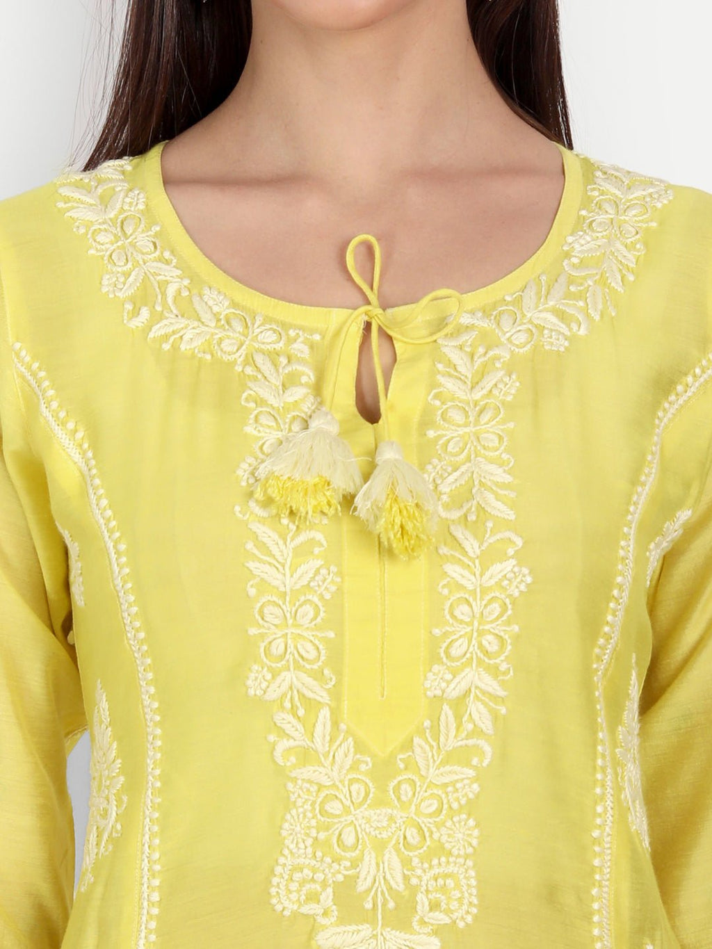 Chikankari Hand Embroidered Long Kurta Chanderi Silk - Indiankala4u