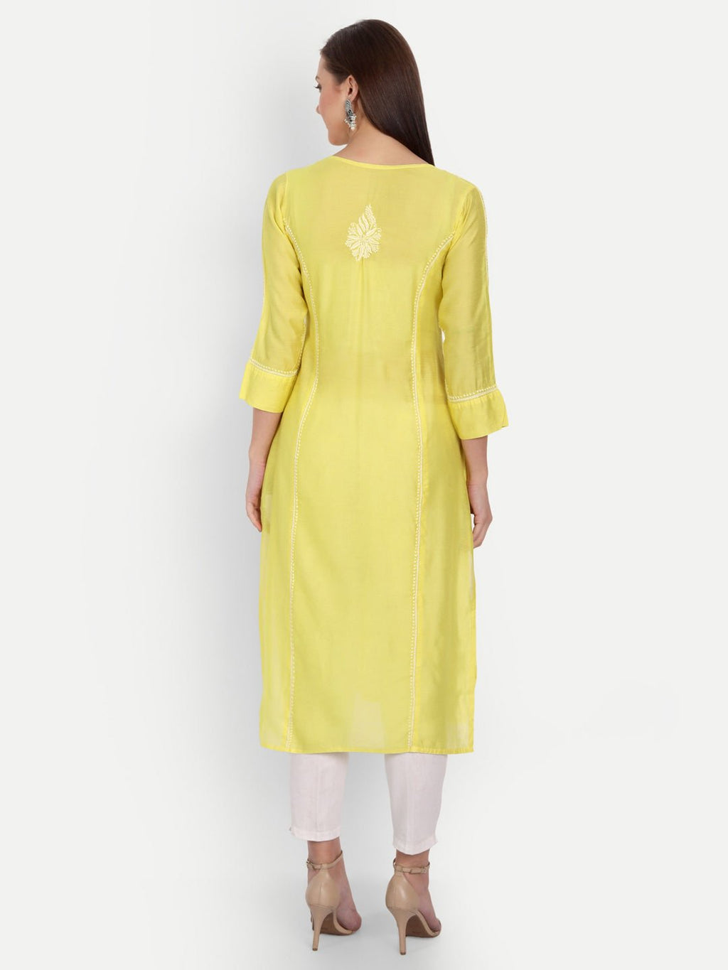 Chikankari Hand Embroidered Long Kurta Chanderi Silk - Indiankala4u