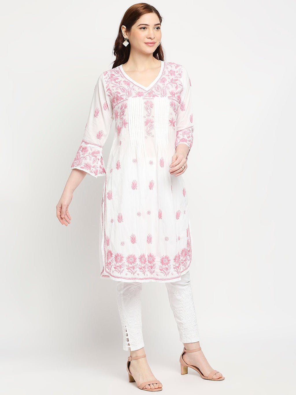 Chikankari Long Hand Embroidered Kurta Cotton - Indiankala4u