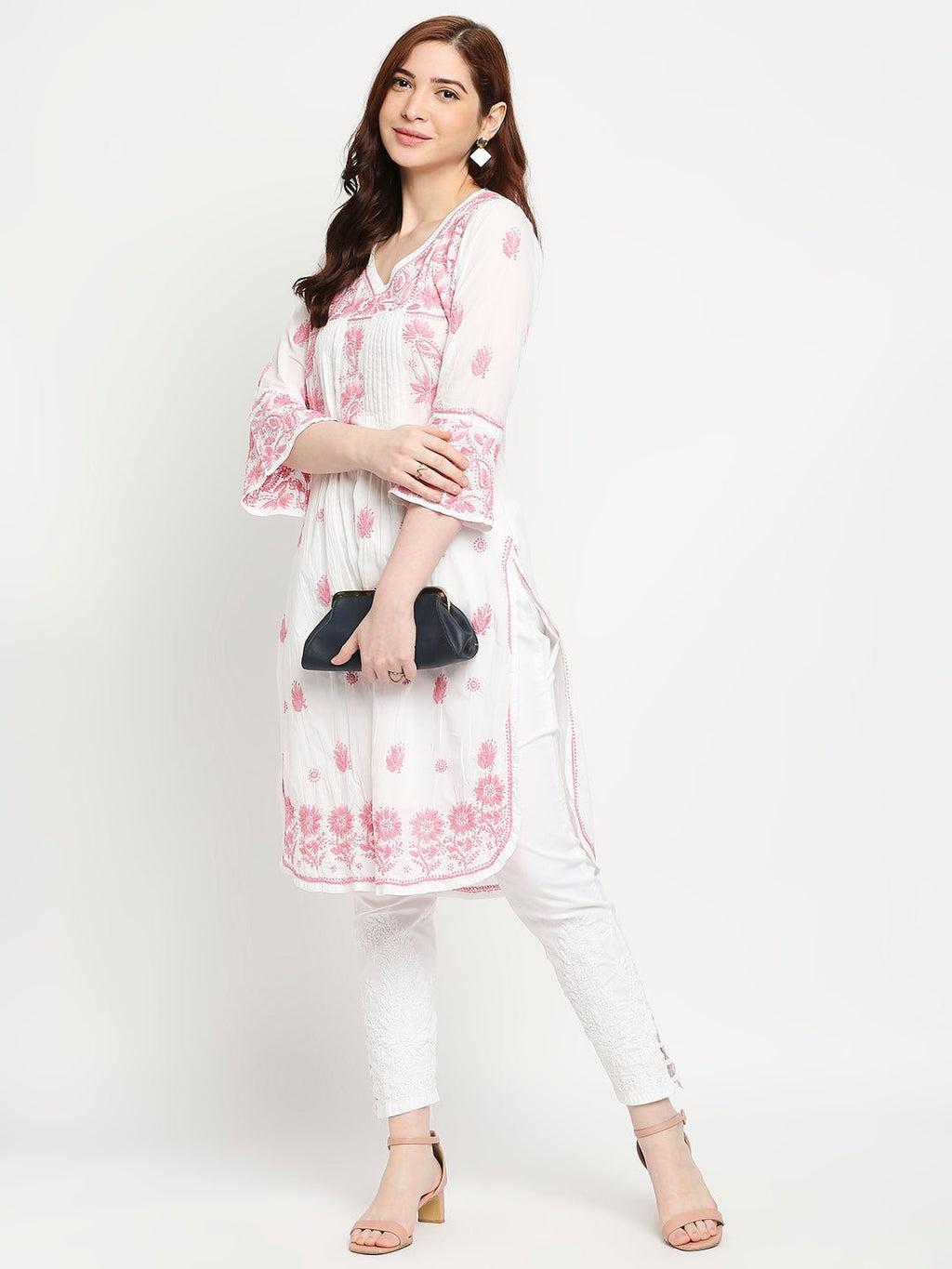 Chikankari Long Hand Embroidered Kurta Cotton - Indiankala4u