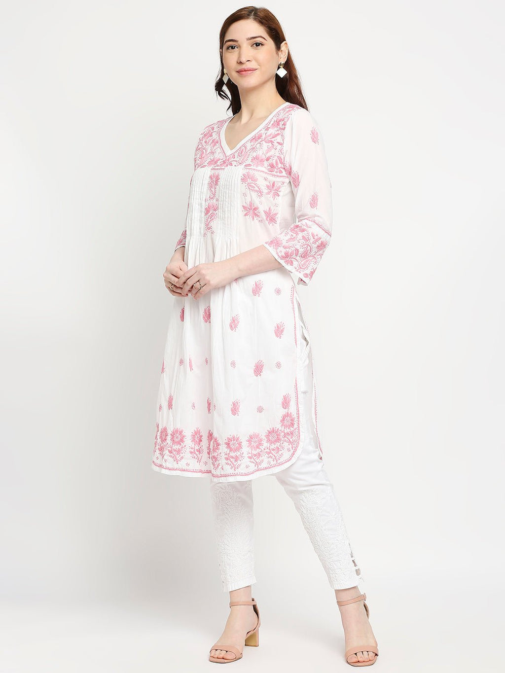 Chikankari Long Hand Embroidered Kurta Cotton - Indiankala4u