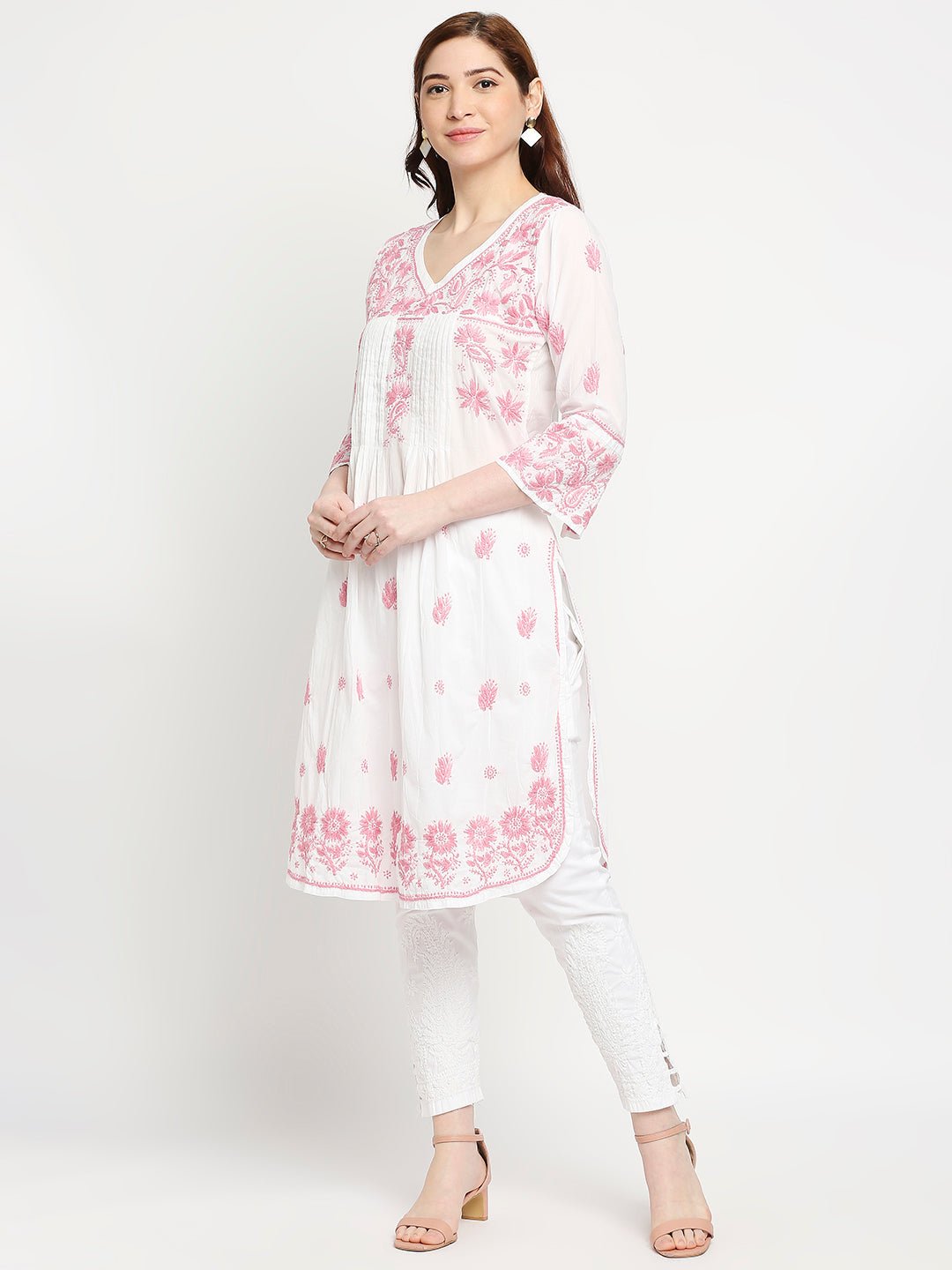 Chikankari Long Hand Embroidered Kurta Cotton - Indiankala4u