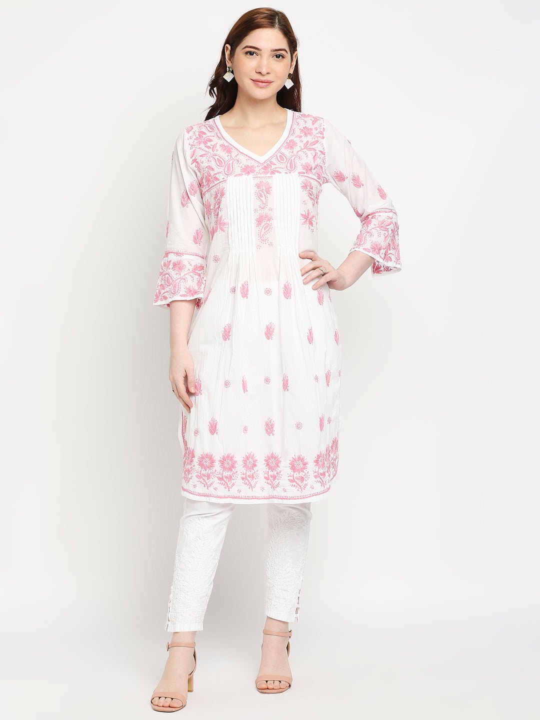 Chikankari Long Hand Embroidered Kurta Cotton - Indiankala4u