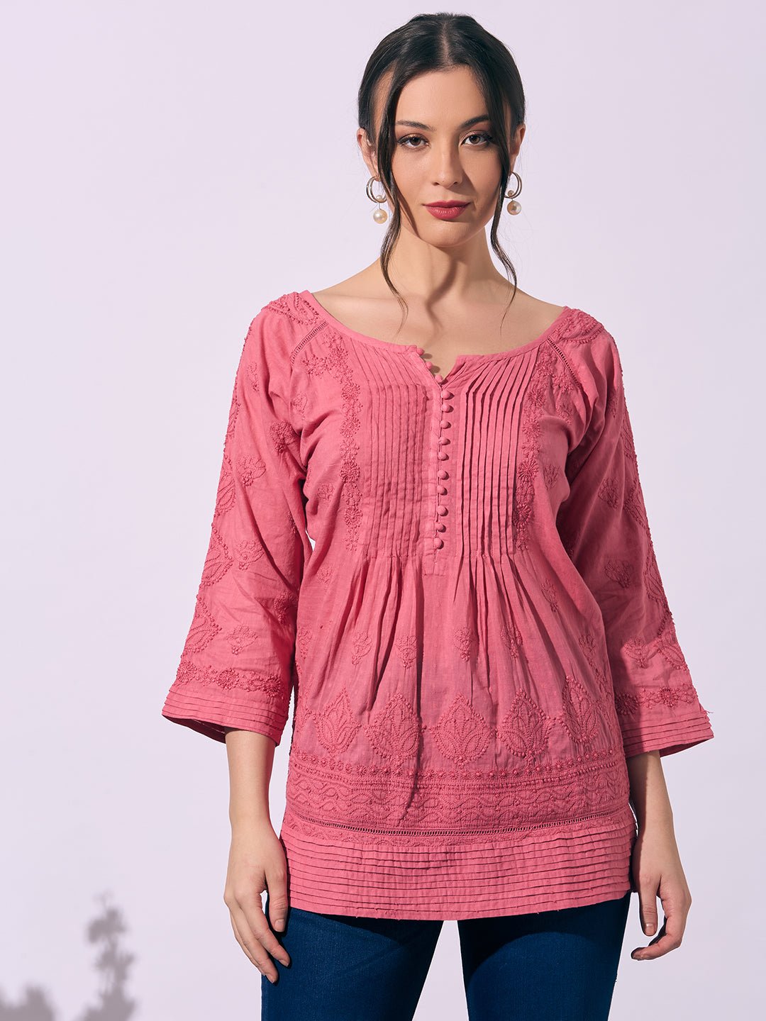 Chocolate Hand - Embroidered Chikankari Pure Cotton Top - Indiankala4u