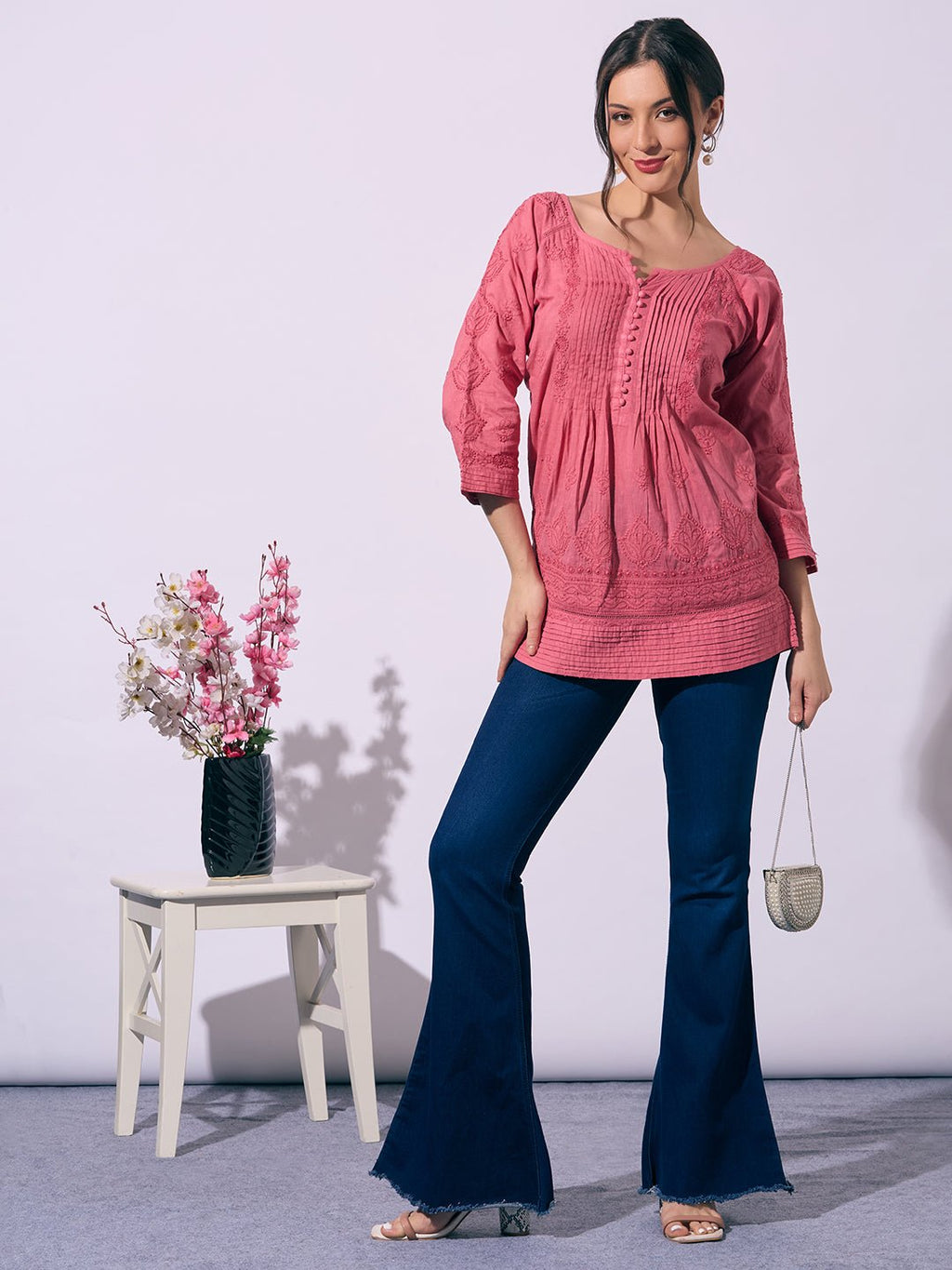 Chocolate Hand - Embroidered Chikankari Pure Cotton Top - Indiankala4u