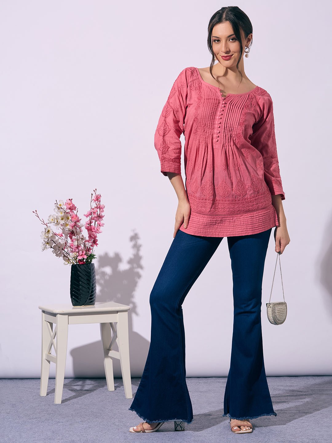 Chocolate Hand - Embroidered Chikankari Pure Cotton Top - Indiankala4u