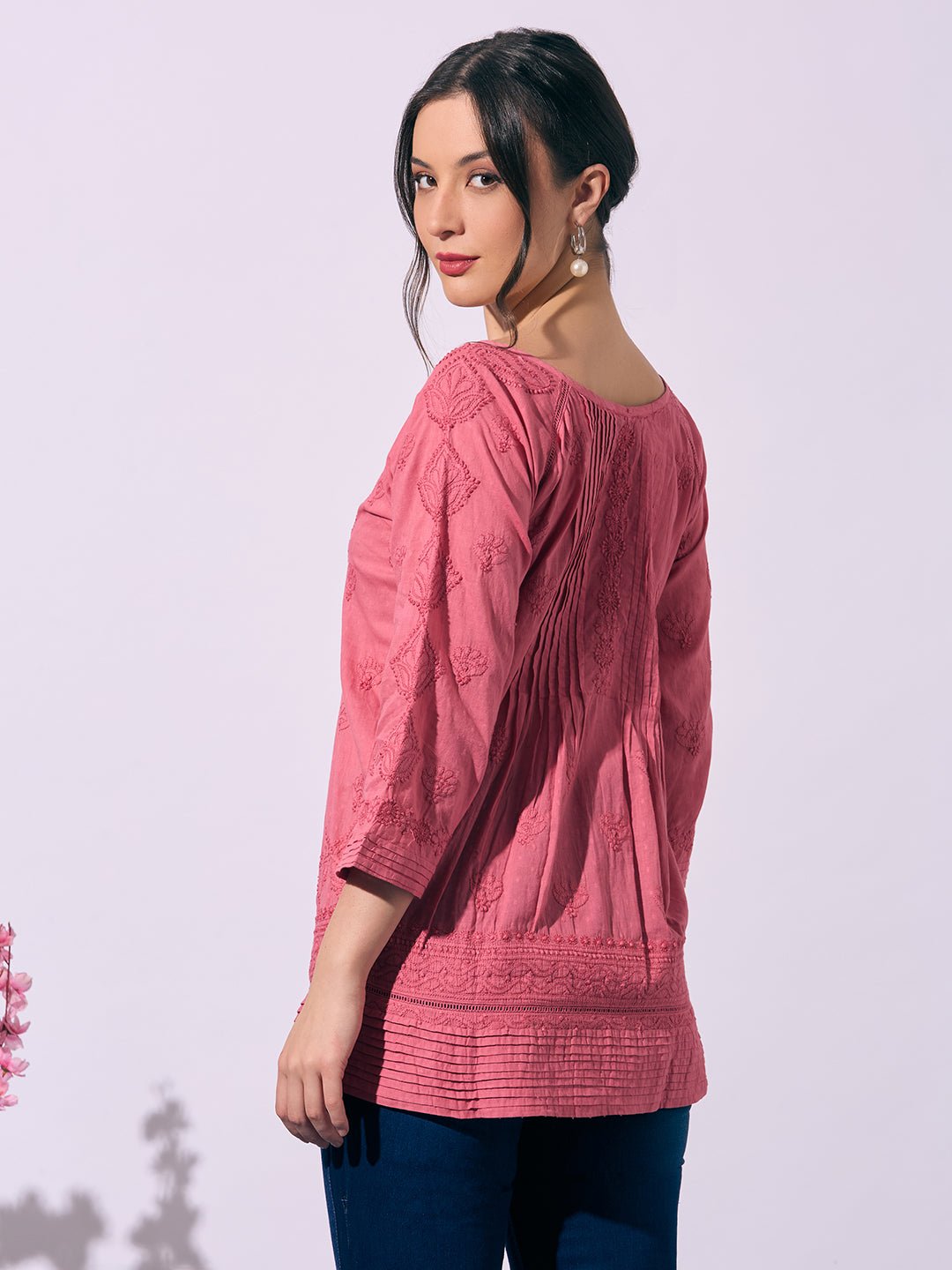 Chocolate Hand - Embroidered Chikankari Pure Cotton Top - Indiankala4u