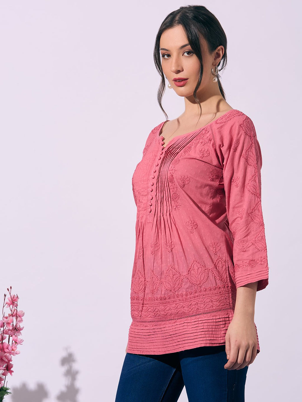 Chocolate Hand - Embroidered Chikankari Pure Cotton Top - Indiankala4u